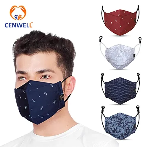 Cenwell 5 Pcs 100% Cotton 3d Mask with Adjustable Earloop, Ear Saver Strap & Meltblown Filter, Printed, Breathable, Reusable, Washable Designer Fabric Face Mask for Men, Women & Teens