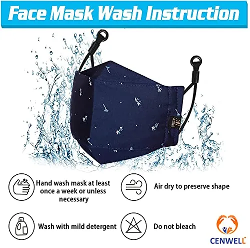 Cenwell 5 Pcs 100% Cotton 3d Mask with Adjustable Earloop, Ear Saver Strap & Meltblown Filter, Printed, Breathable, Reusable, Washable Designer Fabric Face Mask for Men, Women & Teens