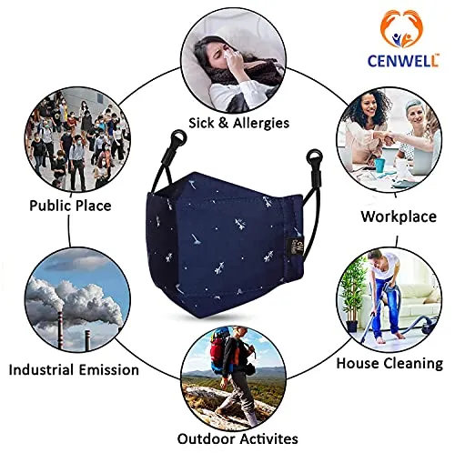 Cenwell 5 Pcs 100% Cotton 3d Mask with Adjustable Earloop, Ear Saver Strap & Meltblown Filter, Printed, Breathable, Reusable, Washable Designer Fabric Face Mask for Men, Women & Teens