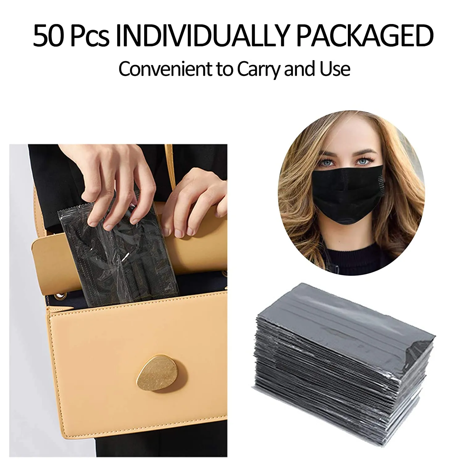 ITEM# 0013   Medium Pack of 50 Disposable Face Mask 3-Ply Breathable & Comfortable Safety Mask, Protective Masks for Indoor and Outdoor - Individually Wrapped (Black Mask)