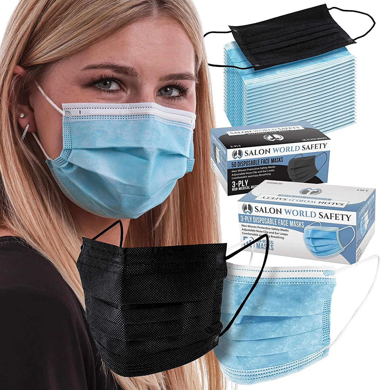 ITEM# 0017   TCP Global Salon World Safety - Sealed Dispenser Face Masks Breathable Disposable 3-Ply Protective PPE with Nose Clip and Ear Loops