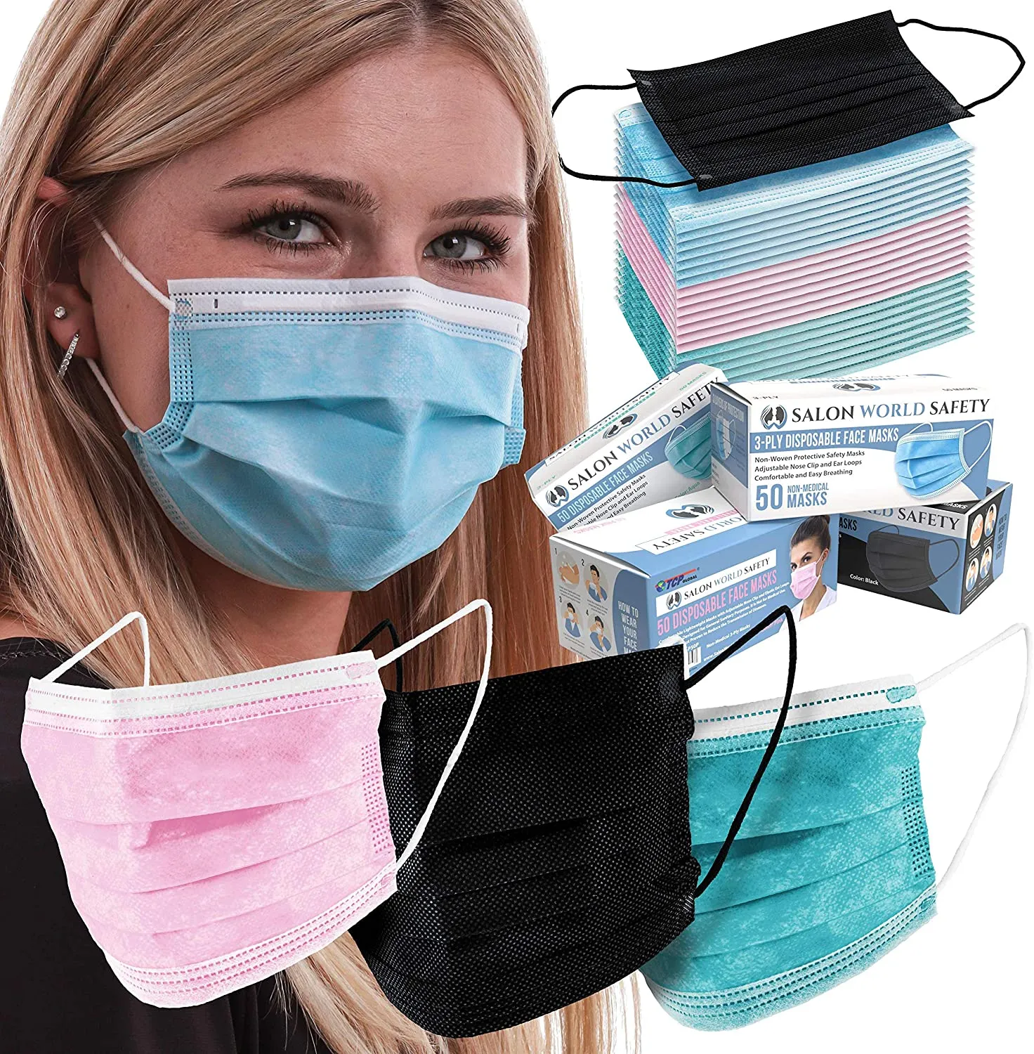 ITEM# 0017   TCP Global Salon World Safety - Sealed Dispenser Face Masks Breathable Disposable 3-Ply Protective PPE with Nose Clip and Ear Loops