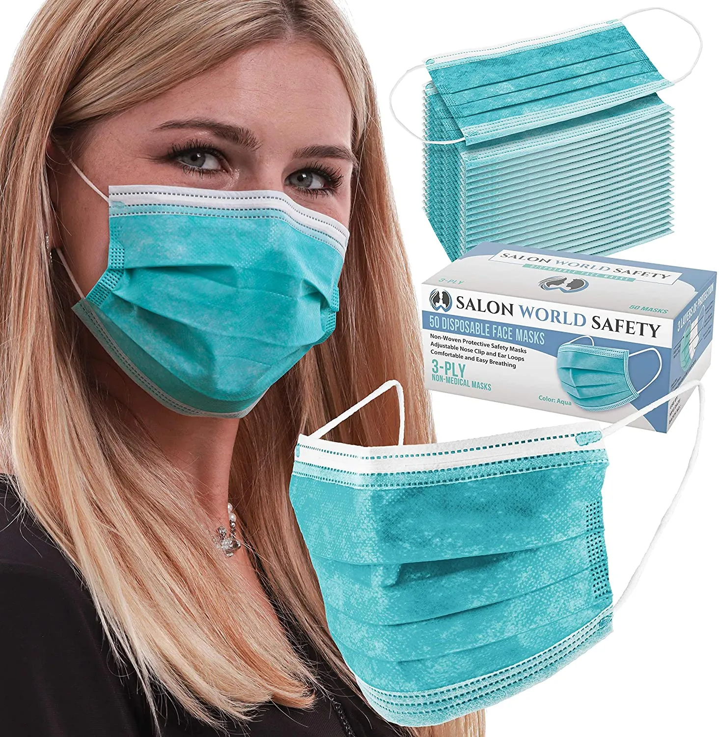 ITEM# 0017   TCP Global Salon World Safety - Sealed Dispenser Face Masks Breathable Disposable 3-Ply Protective PPE with Nose Clip and Ear Loops