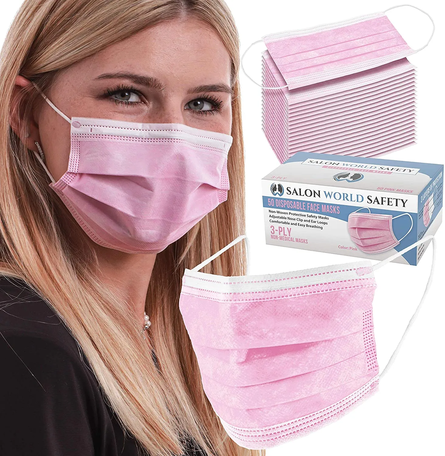 ITEM# 0017   TCP Global Salon World Safety - Sealed Dispenser Face Masks Breathable Disposable 3-Ply Protective PPE with Nose Clip and Ear Loops