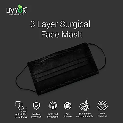 LIVYOR Non-Woven Fabric Disposable 3 Layer Surgical Face Mask With Nose Clip and Soft Ear Loops for Unisex (100, Black)