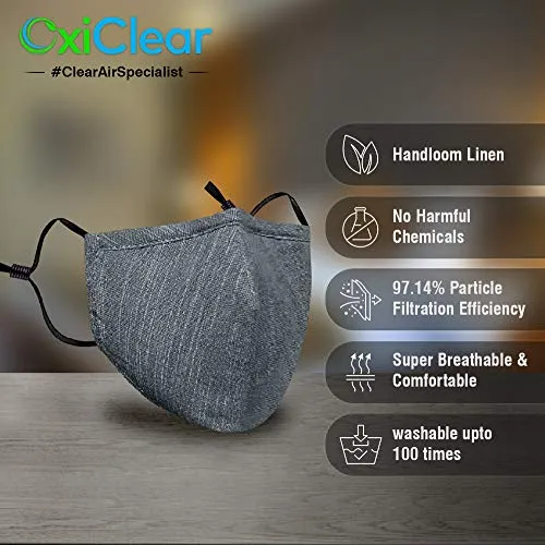 OxiClear Handloom Linen Anti-Pollution Face Mask, 3-Layer Super Breathable, Washable & Reusable (Pack of 7)