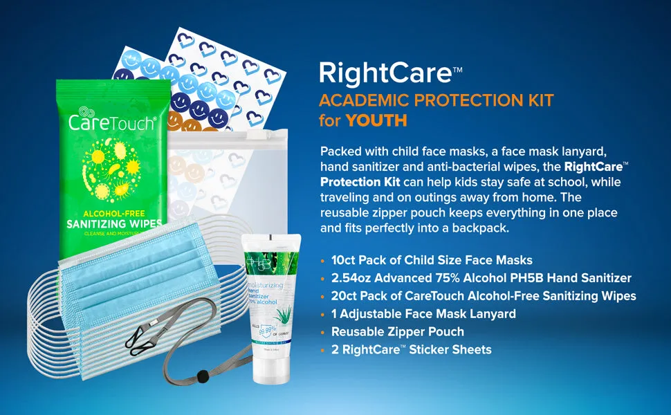RightCare Back to The Classroom PPE Kits for Kids - Child Sized Face Masks, Hand Sanitizer, Sanitizing Wipes, Mask Lanyard, Stickers