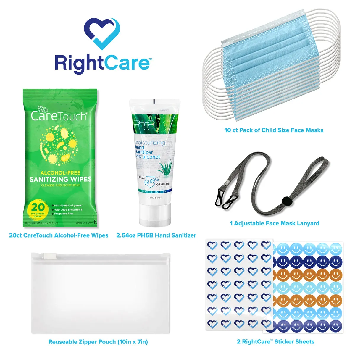 RightCare Back to The Classroom PPE Kits for Kids - Child Sized Face Masks, Hand Sanitizer, Sanitizing Wipes, Mask Lanyard, Stickers