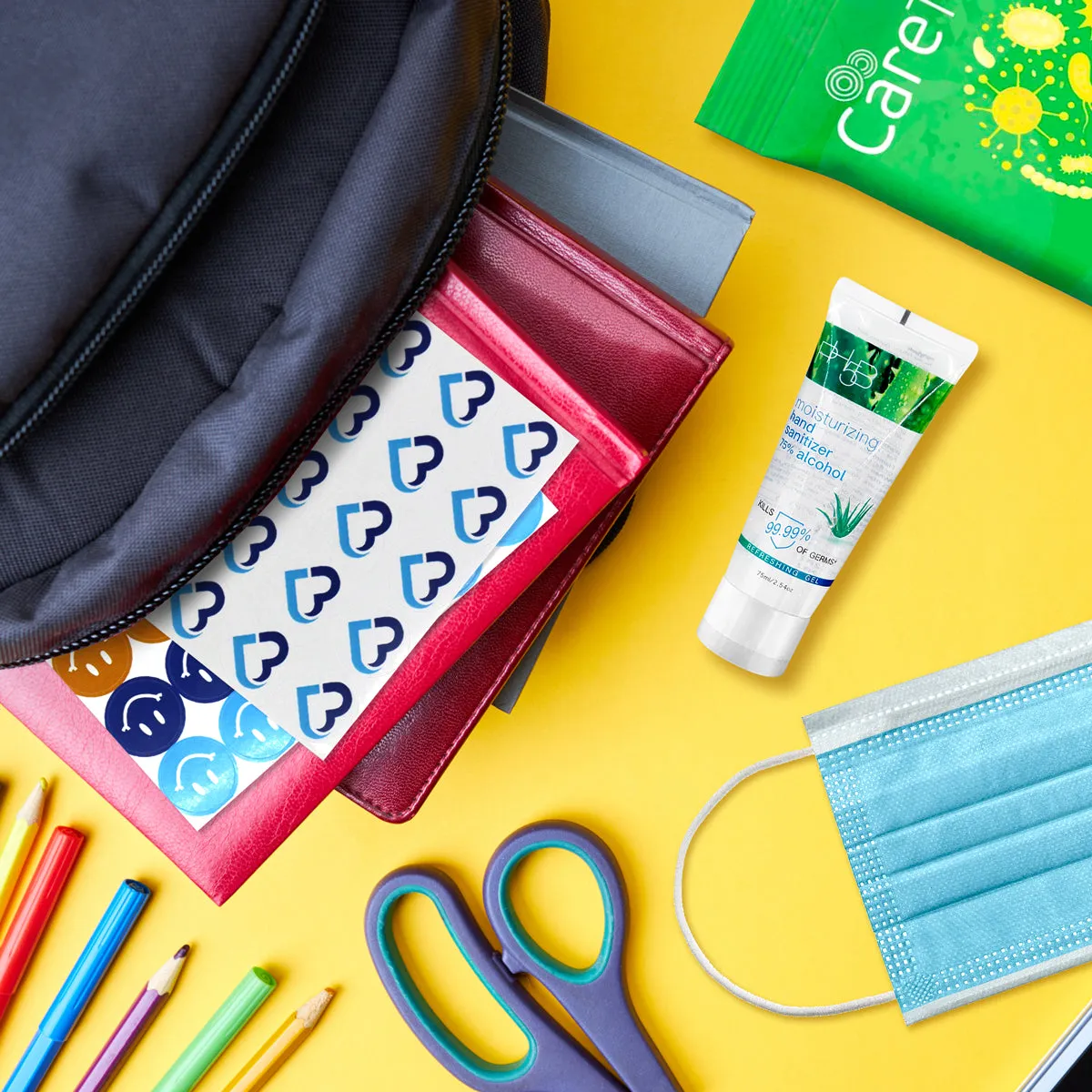 RightCare Back to The Classroom PPE Kits for Kids - Child Sized Face Masks, Hand Sanitizer, Sanitizing Wipes, Mask Lanyard, Stickers