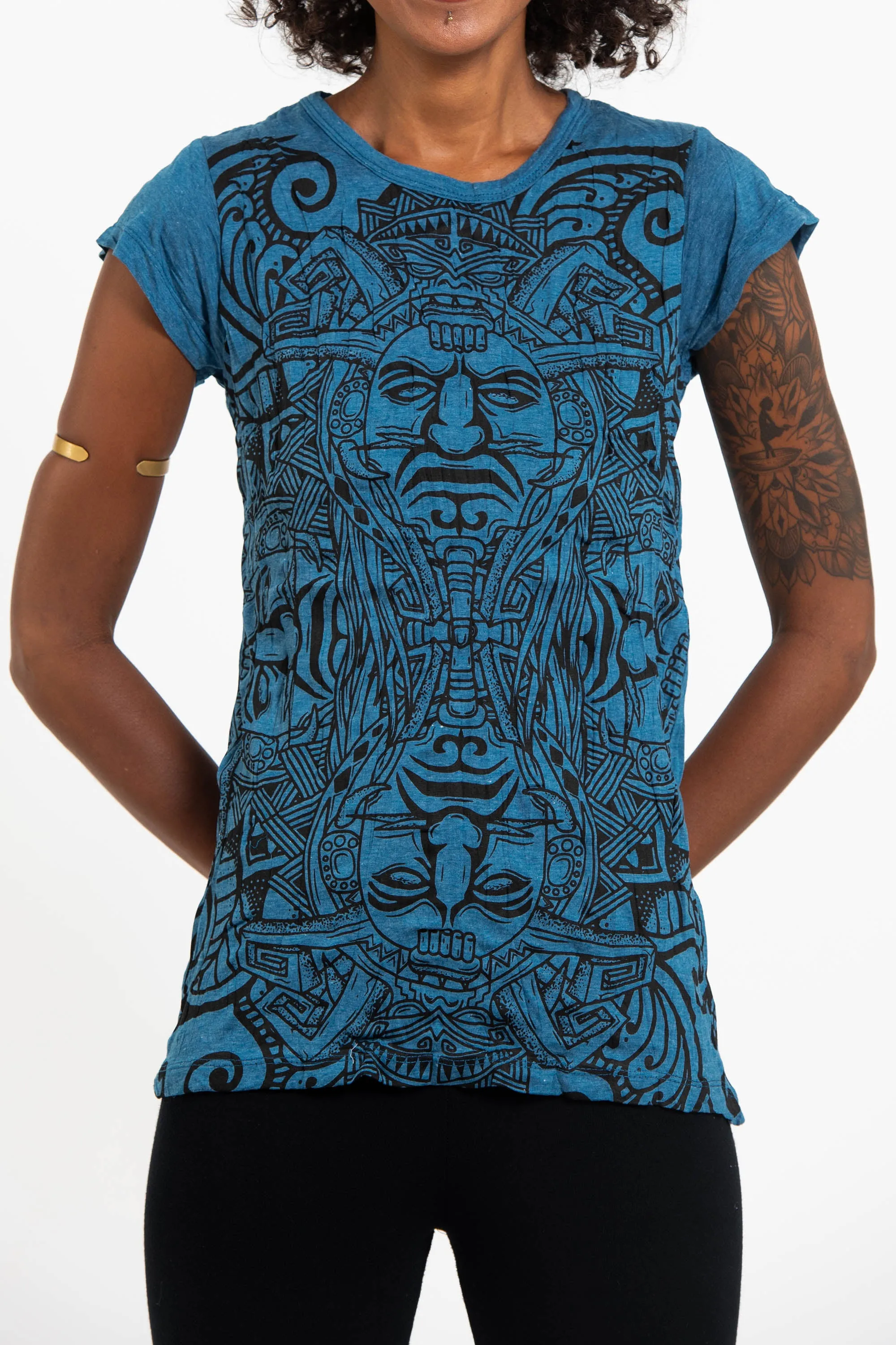 Womens Tribal Masks T-Shirt in Denim Blue